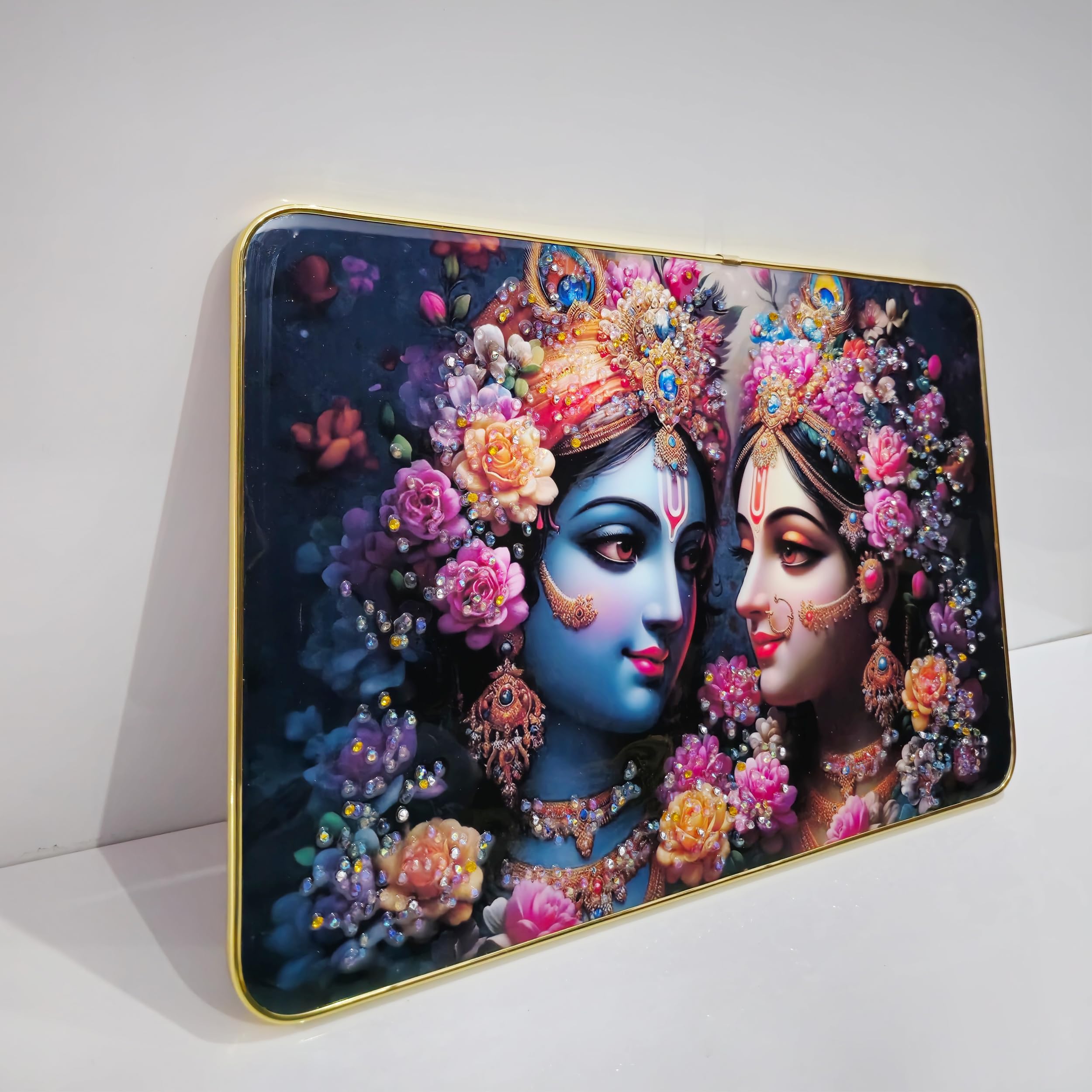 Masstone Radha Krishna Wall Painting  Crystal Embedded, High Gloss, Gold Slim Frame, 45X30 Cm Wall Art For Living Room, Bedroom,